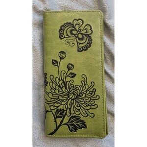 Lavishy Green Floral Butterfly Embossed Long Wallet Vegan Leather Snap Closure